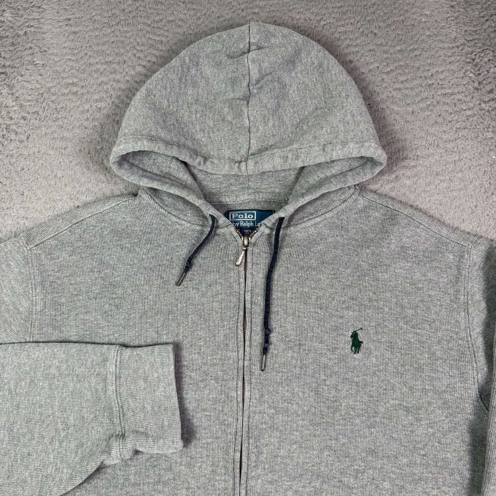 Polo Ralph Lauren Hoodie Mens L Gray Full Zip Rib Knit Sweater Cotton Boxy